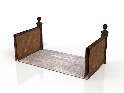 Wooden furniture with posts and finials on both ends featuring a rustic platform base 3d model