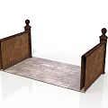 Wooden furniture with posts and finials on both ends featuring a rustic platform base