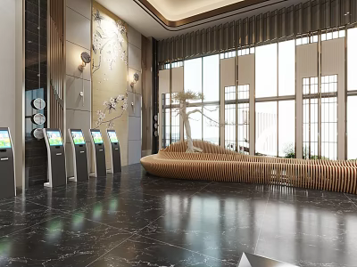Modern Lobby With Self Service Kiosks Curved Seating Marble Flooring And Floor To Ceiling Windows 3d model