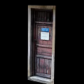 Vintage Old Wooden Door With Blue Sign And Weathered Frame