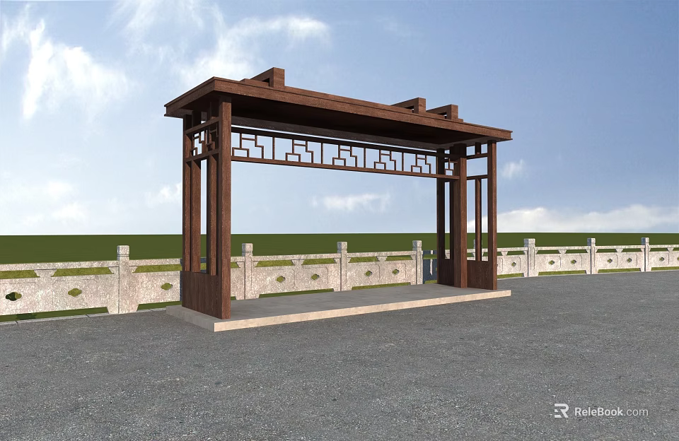 Garden Landscape With Traditional Wooden Pavilion And Stone Railings Under Blue Sky 3d model 