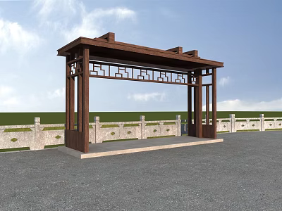 Garden Landscape With Traditional Wooden Pavilion And Stone Railings Under Blue Sky 3d model