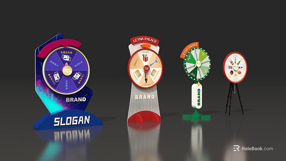 Colorful Spin Wheels Featuring Top Place Brand Slogan And Different Stand Designs 3d model 