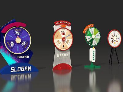 Colorful Spin Wheels Featuring Top Place Brand Slogan And Different Stand Designs 3d model