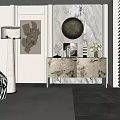 Zebra Pattern Accent Chair in Modern Interior with Marble Wall Console Table and Decorative Items 3d model