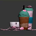 Stylish Cups With Turquoise Pink Lids And White Teacup Surrounded By Rose Petals