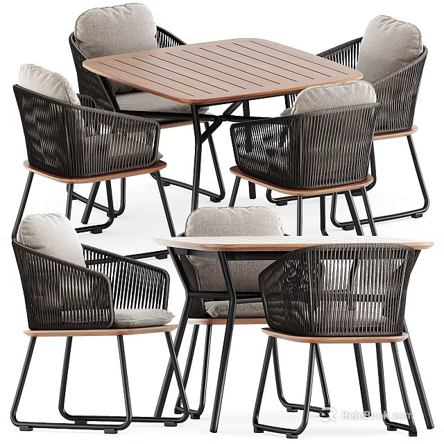 Modern Rattan Dining Table Set With Comfortable Armchairs And Wooden Square Tabletop 3d model 