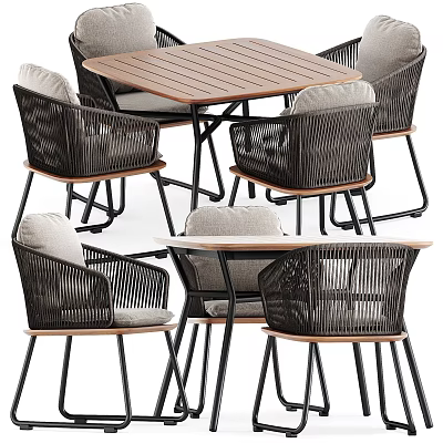 Modern Rattan Dining Table Set With Comfortable Armchairs And Wooden Square Tabletop 3d model
