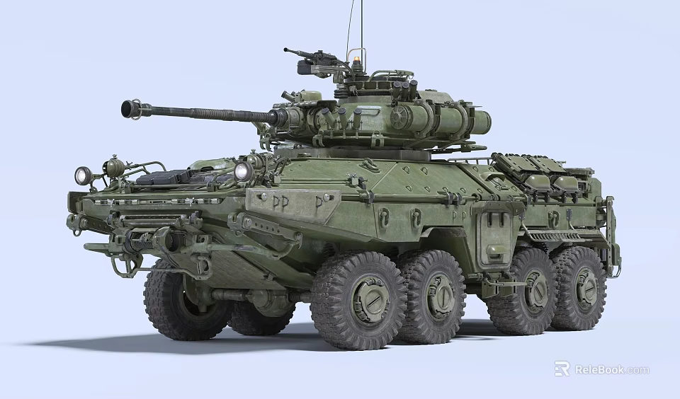 Military Weapon Armored Vehicle with Mounted Cannon Machine Gun and Multiple Green Wheels 3d model 