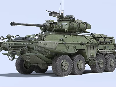 Military Weapon Armored Vehicle with Mounted Cannon Machine Gun and Multiple Green Wheels 3d model