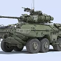 Military Weapon Armored Vehicle with Mounted Cannon Machine Gun and Multiple Green Wheels