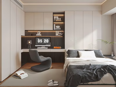 Cozy Tatami Bedroom with Modern Minimalist Design and Built in Storage Wooden Elements 3d model