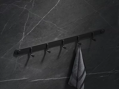 Black Bathroom Wall Rack With Hooks Hanging Gray Towel On Marble Surface 3d model