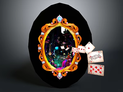 Ornate Oval Mirror With Golden Frame And Decorative Playing Cards 3d model
