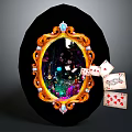 Ornate Oval Mirror With Golden Frame And Decorative Playing Cards