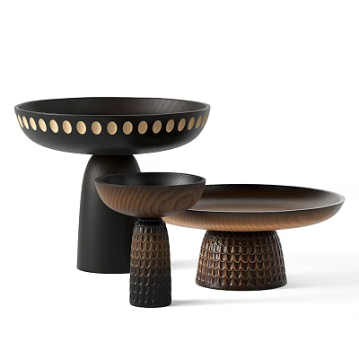 Three Elegant Wooden Coffee Tables With Textured Bases And Decorative Details 3d model
