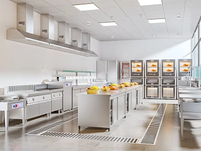 Commercial Kitchen With Stainless Steel Equipment Ovens Island Counter And Range Hoods 3d model