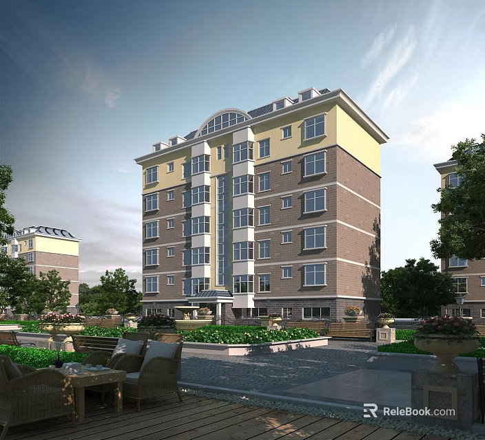Modern Multi Floor Residential Building With Green Courtyard And Trees Around 3d model 
