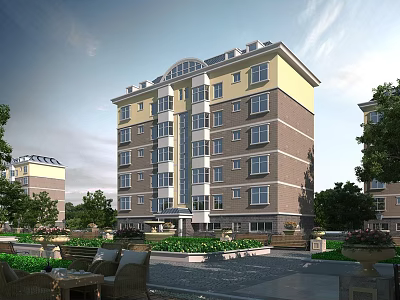 Modern Multi Floor Residential Building With Green Courtyard And Trees Around 3d model