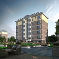 Modern Multi Floor Residential Building With Green Courtyard And Trees Around