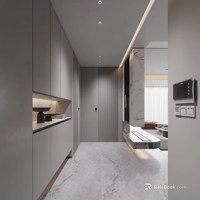 Modern Dining and Living Room Interior With Marble Floor Sleek Cabinets And Ambient Lighting 3d model 