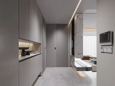 Modern Dining and Living Room Interior With Marble Floor Sleek Cabinets And Ambient Lighting 3d model