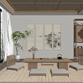 Serene Japanese-style Tea Room With Wooden Table Tatami Seats And Wall Scroll Paintings