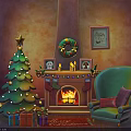 Cozy Christmas Living Room Interior With Tree Fireplace Wreath Stockings Gifts And Armchair