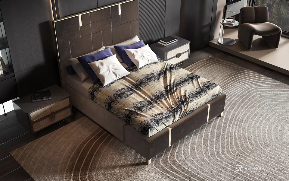 Modern Double Bed With Upholstered Headboard Integrated Lighting Bedside Tables Plush Pillows On Patterned Rug 3d model 
