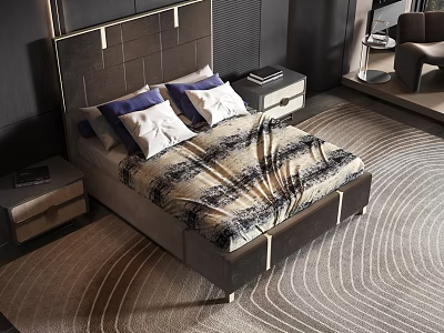 Modern Double Bed With Upholstered Headboard Integrated Lighting Bedside Tables Plush Pillows On Patterned Rug 3d model
