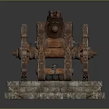 Rusted Ancient Cannon With Wooden Carriage Wheels On Stone Plinth