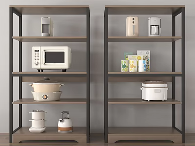 Kitchen Storage Shelving Units with Metal Frame and Wooden Shelves Holding Appliances and Food 3d model