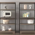 Kitchen Storage Shelving Units with Metal Frame and Wooden Shelves Holding Appliances and Food