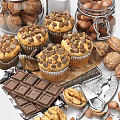 Fresh Chocolate Chip Muffins with Nuts and Cookies by Milk Bottle and Chocolate Chunks