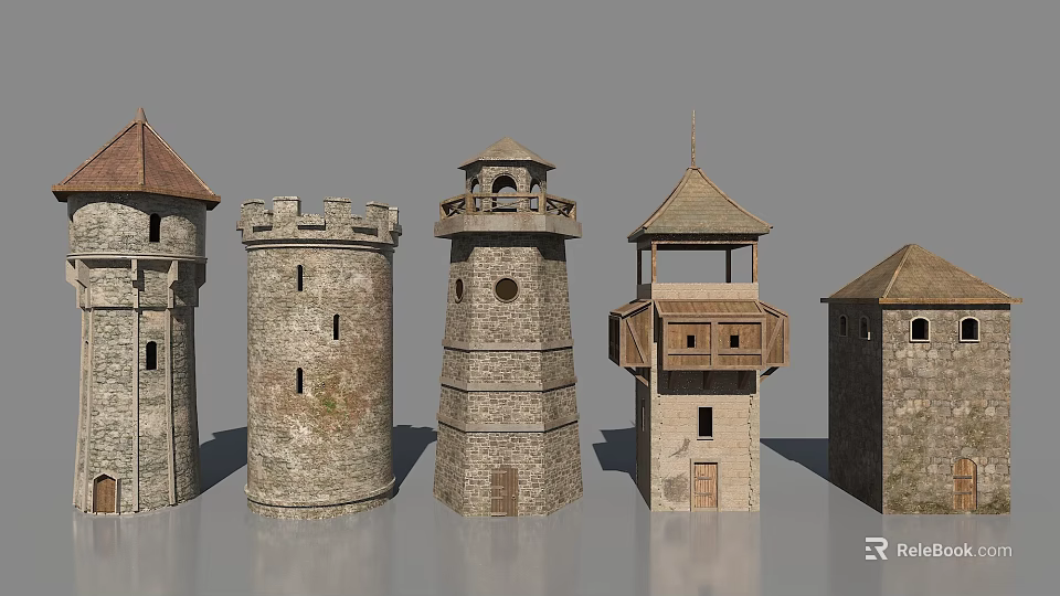 Various Stone Towers With Different Architectural Designs Roofs Shaped Bodies And Detailed Windows 3d model 