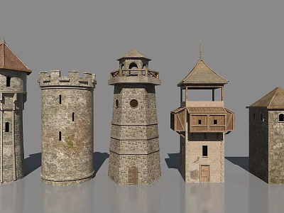 Various Stone Towers With Different Architectural Designs Roofs Shaped Bodies And Detailed Windows 3d model