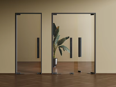 Modern Swing Doors with Clear Glass Black Frame and Sleek Handles in Indoor Space 3d model