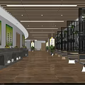 Bright Cafeteria Interior With Wooden Ceiling Tables Green Chairs Windows Menu Boards 3d model