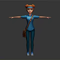 3D Female Character With Red Hair Pigtails Blue Uniform Brown Bag Arms Outstretched Gray Background