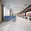Modern Spacious Service Hall with Red Slogan Party Emblem Reception Desk and Large Screen