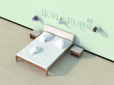 Double Bed with White Headboard Wooden Frame Nightstands Wall Mounted Shelves and Light Green Wall 3d model