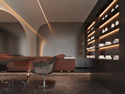Modern Beauty Hair Salon Interior With Styling Chairs Product Shelves And Warm Lighting 3d model