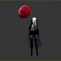 White Haired Character In Black Outfit With Glowing Red Circular Object On Gray Background