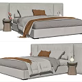 Double Bed With White Frame Gray Sheets Brown Blanket And Wooden Side Table