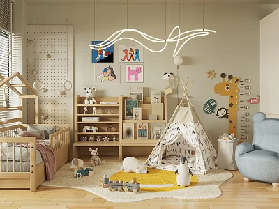Kids Playroom Interior Featuring Teepee Tent Stuffed Animals Wall Decor Yellow Rug And Blue Chair 3d model