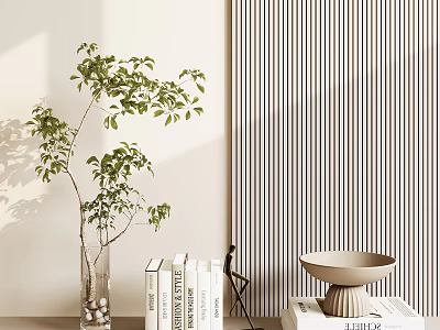 Decorative Ornament Set With Green Plant Glass Vase Books Bowl Ornament On Light Striped Wall 3d model
