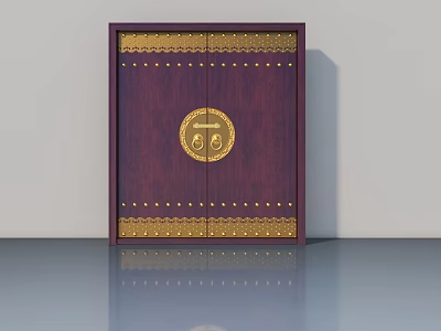 Traditional Dark Maroon Wooden Hinged Door With Golden Studs And Circular Knocker 3d model