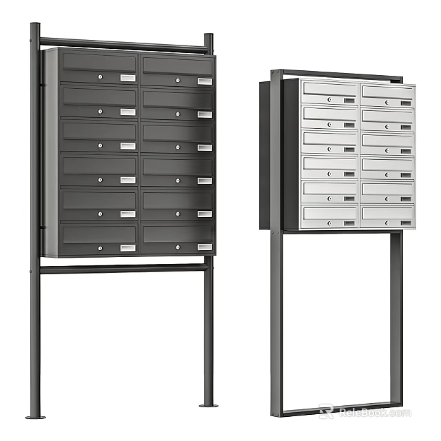 Public Facility Mailboxes With Multiple Gray Silver Metal Lockers On Standing Frames 3d model 