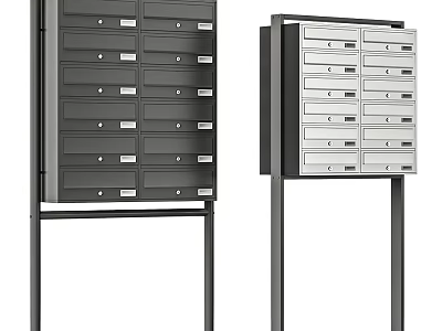 Public Facility Mailboxes With Multiple Gray Silver Metal Lockers On Standing Frames 3d model