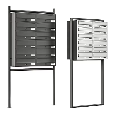 Public Facility Mailboxes With Multiple Gray Silver Metal Lockers On Standing Frames 3d model